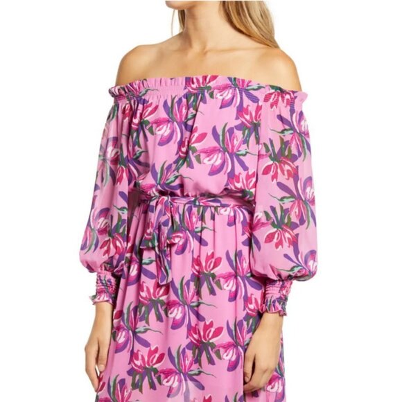 💕WAYF💕 Off Shoulder Shoulder Maxi Dress ~ Pink Birds of Paradise XS (*No Belt) - Picture 5 of 16